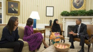 U.S. President Obama, First Lady Michelle Obama and their daughter Malia meet with Pakistani teenage activist Malala Yousafzai at the White House